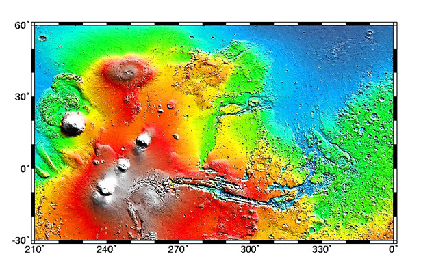Cylindrical projection of topography in the Tharsis rise (left) and Chryse region (right)