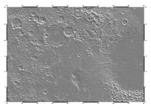 Low resolution version of shaded relief map of MC13 region of Mars showing the Syrtis Major volcano (center bottom) and Isidis impact basin (right). (Image Credit: Michael H. Carr and the MOLA Science Team)
