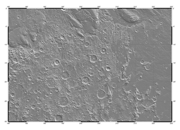 Low resolution version of shaded relief map of MC16 region of Mars showing Tharsis-related radial fractures (lower right) and the Medussae Fossae formation (top). (Image Credit: Michael H. Carr and the MOLA Science Team)