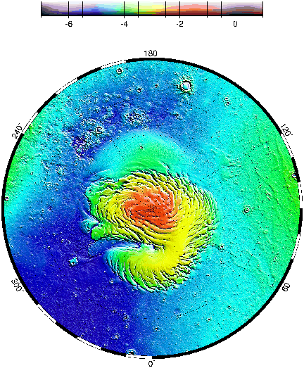 Polar stereographic projection showing the quarter-degree model from 70° N to the north pole. (Credit:  MOLA Science Team)