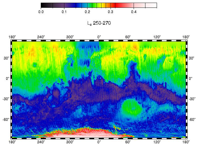 cylindrical projection of MOLA 1064 nm passive reflectivity during southern spring from recent radiometry data. (Credit: MOLA Science Team)
