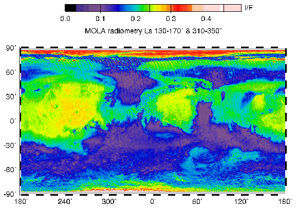 cylindrical projection of MOLA 1064 nm passive reflectivity for a merge of northern and southern summer. (Credit: MOLA Science Team)