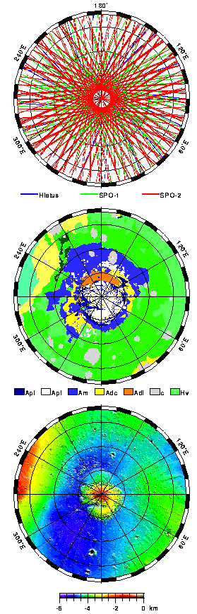 Figure 1. Polar stereographic projections from 55° N to the Martian north pole.