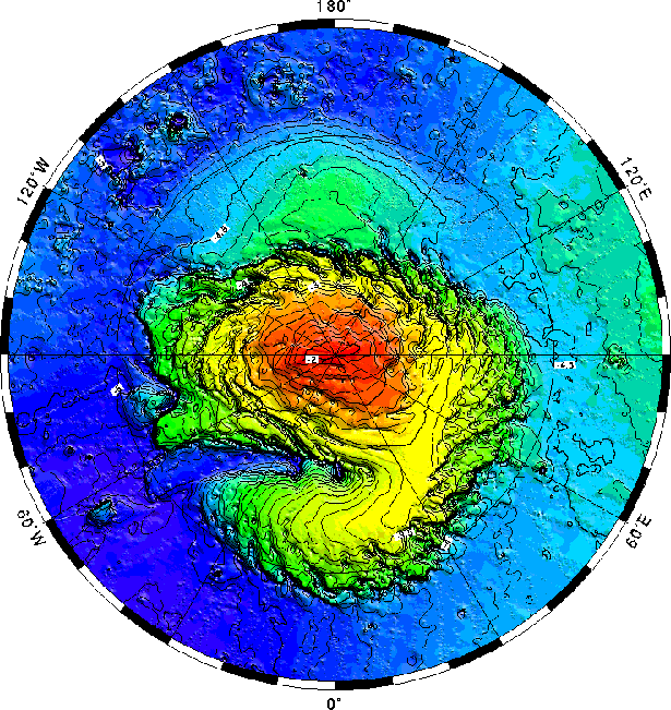 Figure 4. Polar projection of MOLA topography between 75° N and the north pole interpolated to 1-km spatial resolution.
